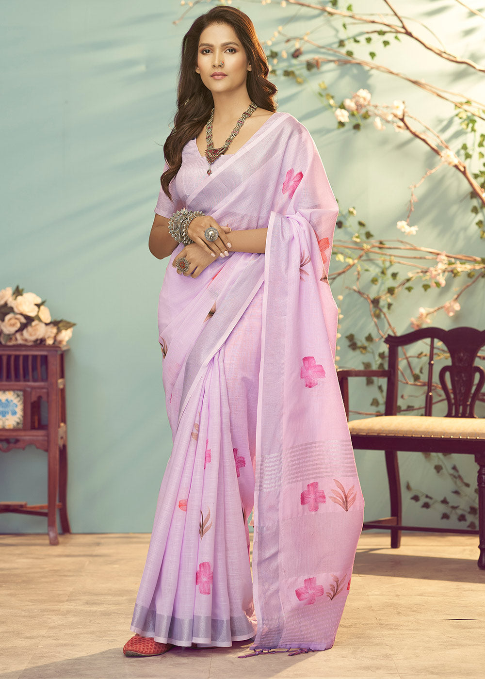 Buy MySilkLove Lily Purple Soft Linen Silk Floral Printed Saree Online