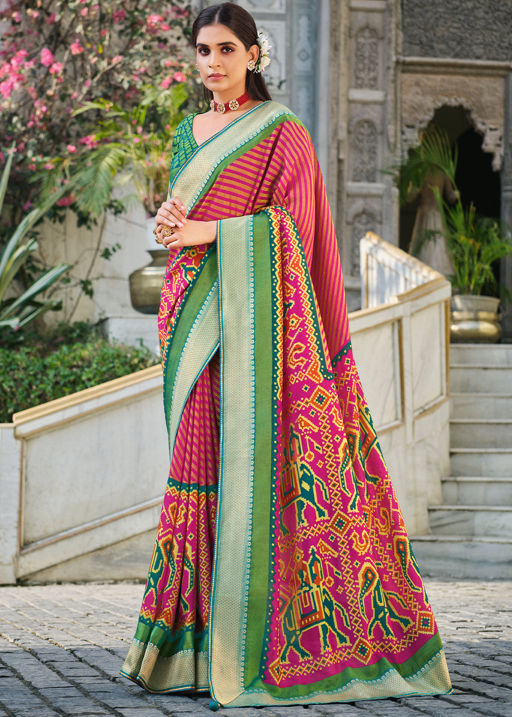 Buy MySilkLove Vivid Pink and Green Brasso Patola Printed Saree Online