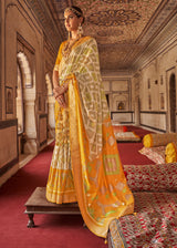 Anzac Yellow and Cream Printed Patola Silk Saree