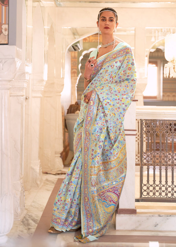 Peppermint Blue Banarasi Jamawar Woven Silk Saree
