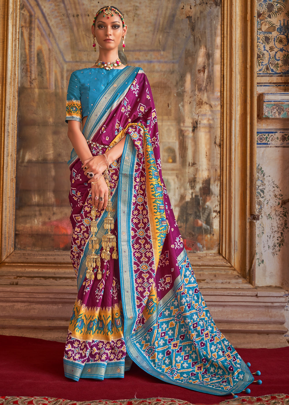 Buy MySilkLove Tawny Port Pueple and Blue Woven Patola Silk Saree Online