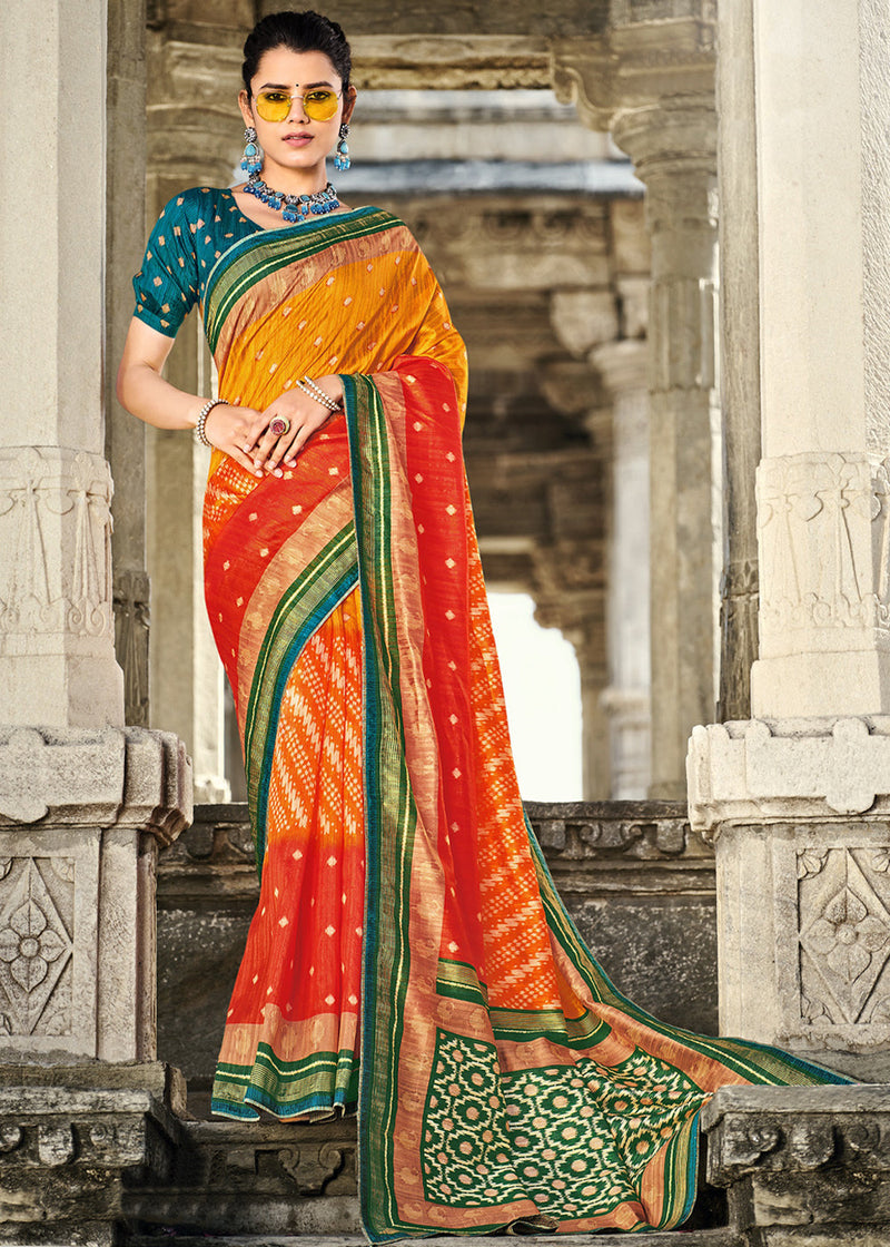 Peach-Orange Dual Tone Kanjivaram Silk Saree With Contrast Big Border |  Singhania's