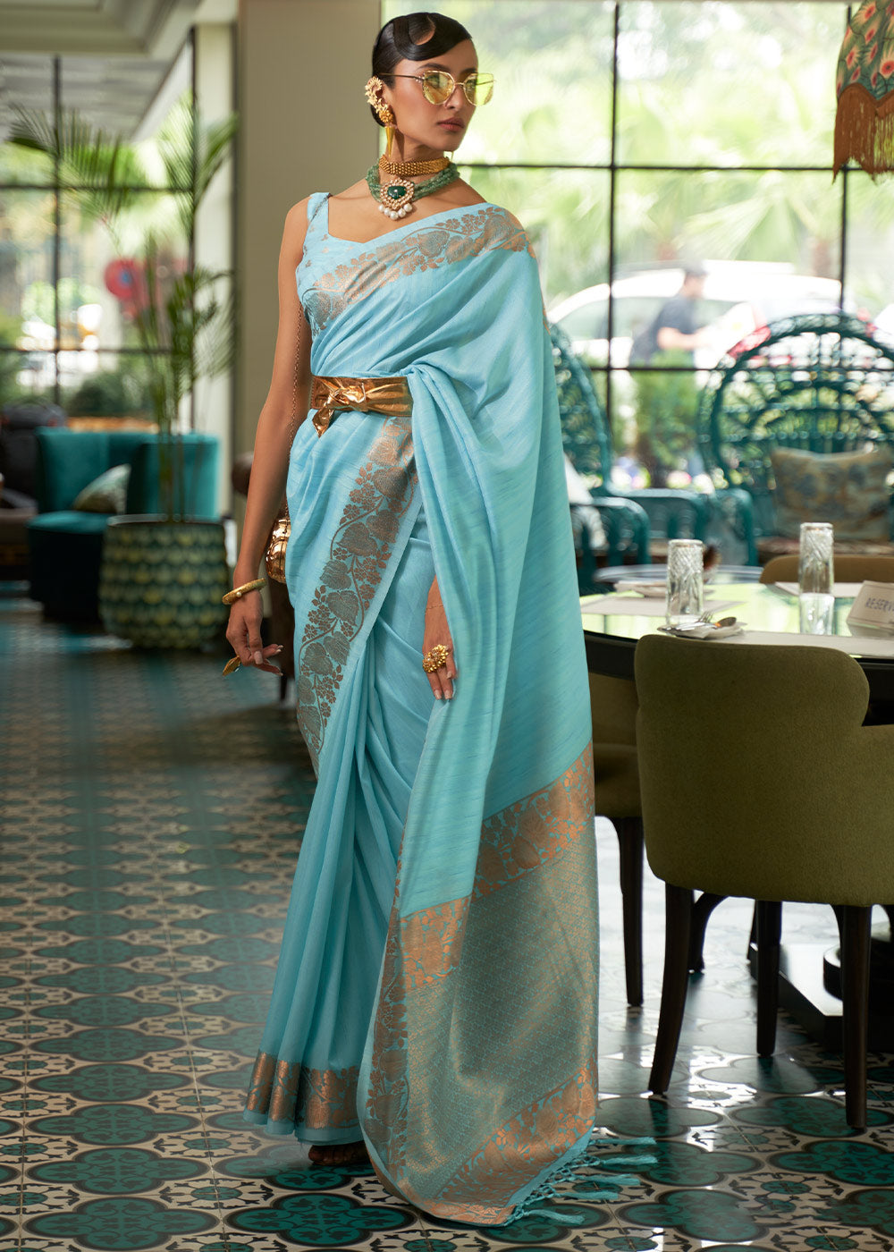 Buy MySilkLove Powder Blue Zari Woven Tussar Silk Saree Online