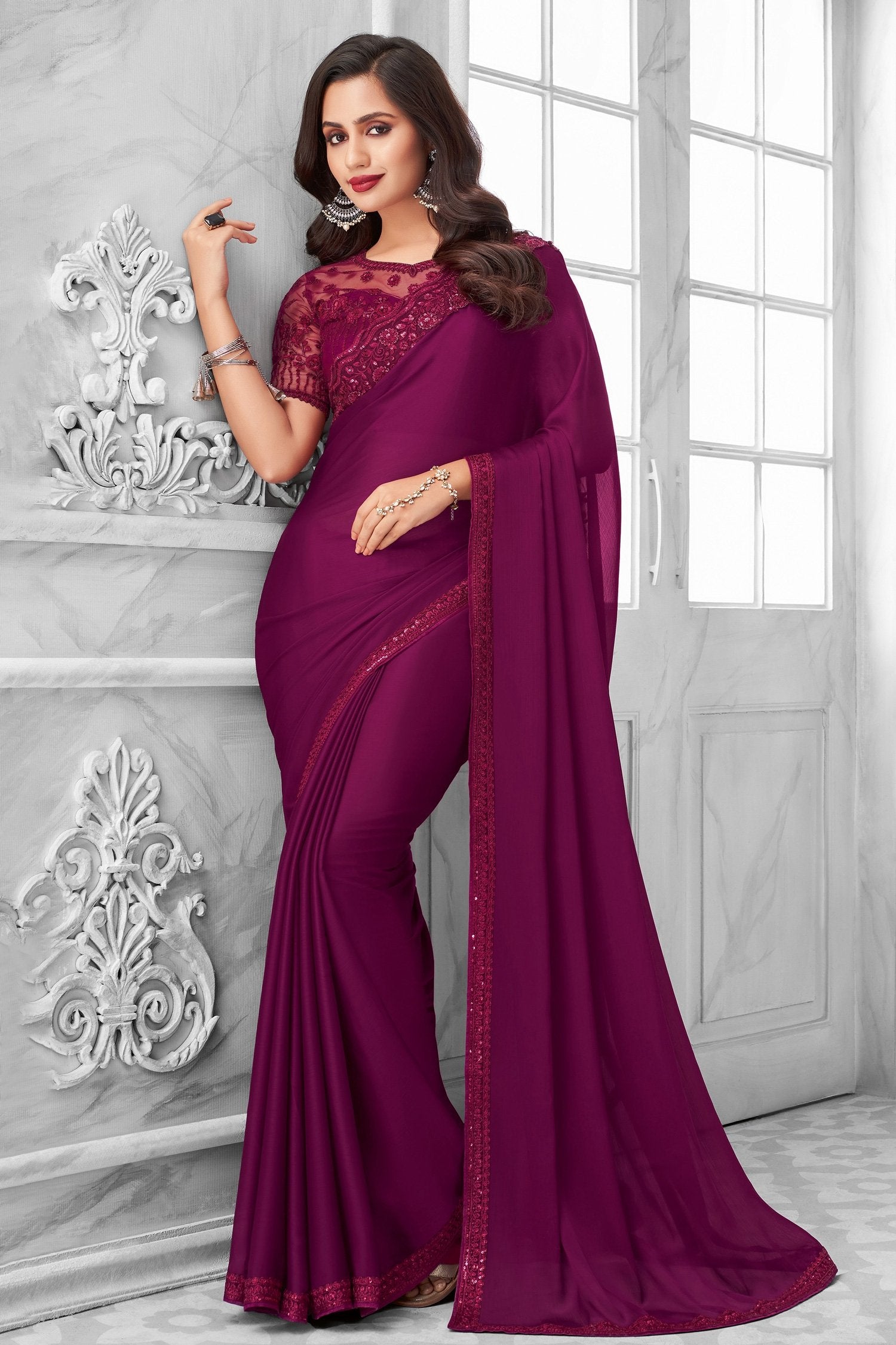 Buy MySilkLove Rose Bud Cherry Two Tone Georgette Designer Silk Saree Online