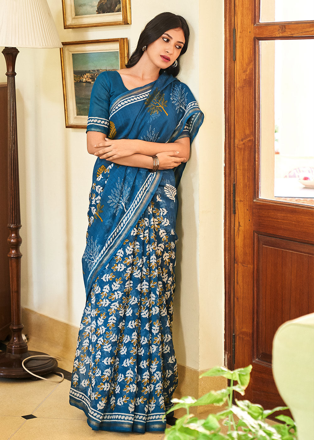 Buy MySilkLove Teal Blue Cotton Linen Batik Printed Saree Online