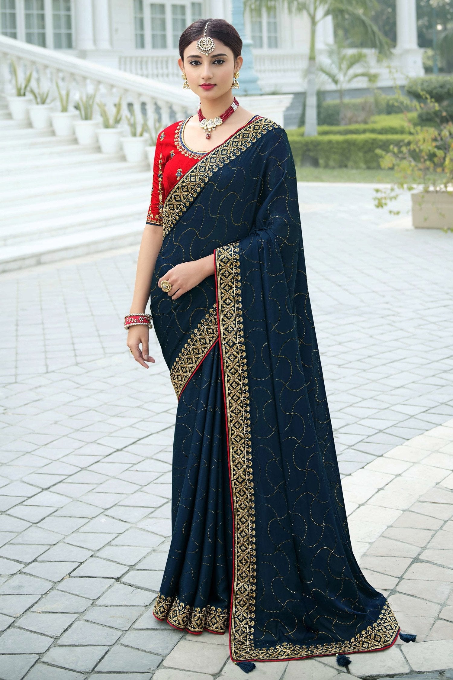 Buy MySilkLove Firefly Blue and Red Chiffon Stone Work Saree Online