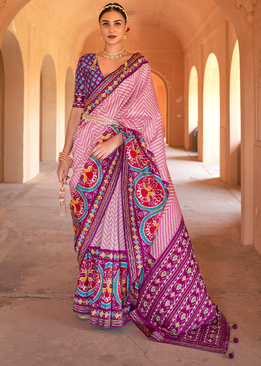 Buy MySilkLove Blush Pink and Purple Printed Patola Silk Saree Online