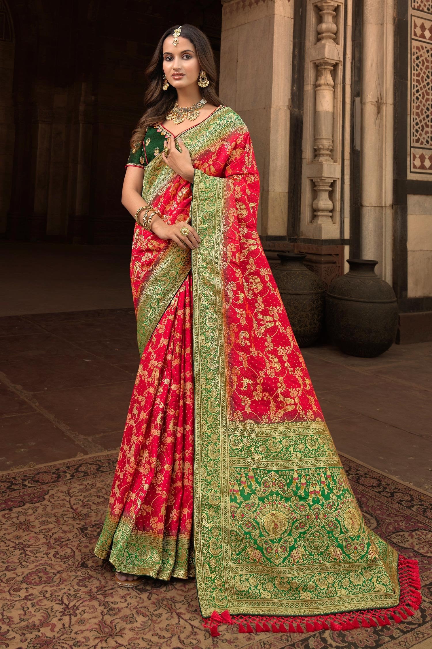 Buy MySilkLove Monza Red and Green Designer Banarasi Woven Silk Saree Online