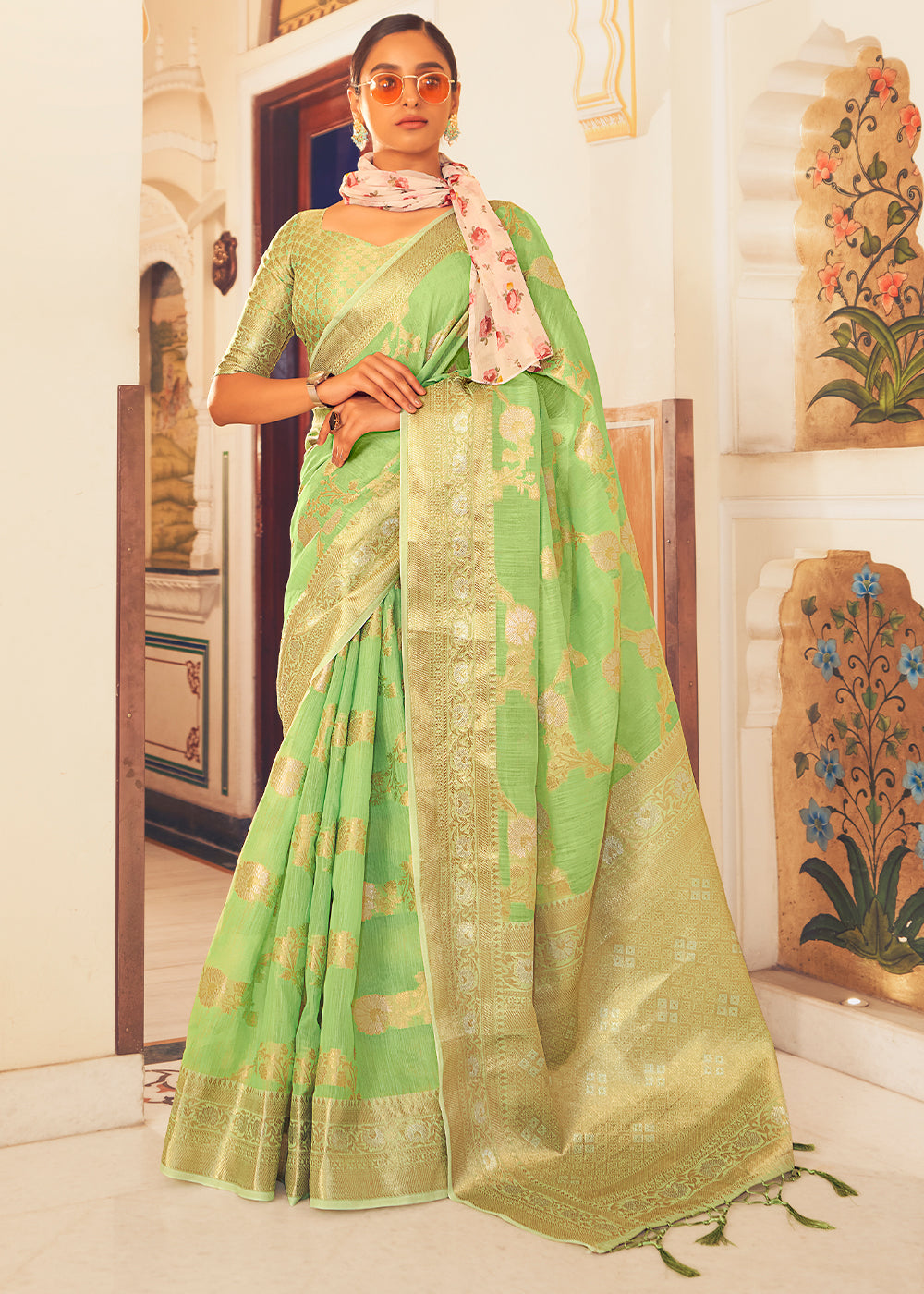 Buy MySilkLove Wild Willow Green Zari Woven Linen Silk Saree Online