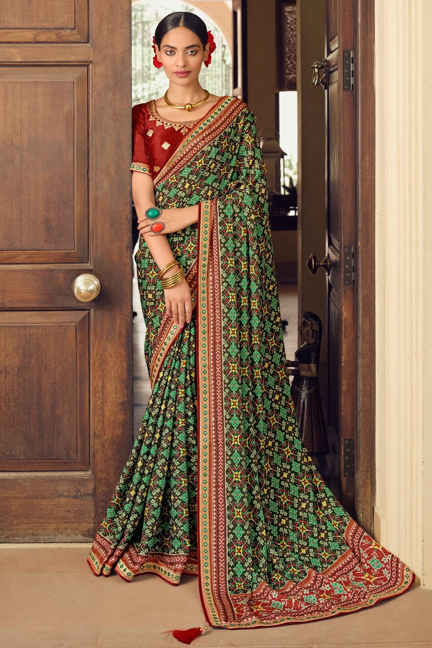 Buy MySilkLove Chalet Green Patola Printed Saree Online