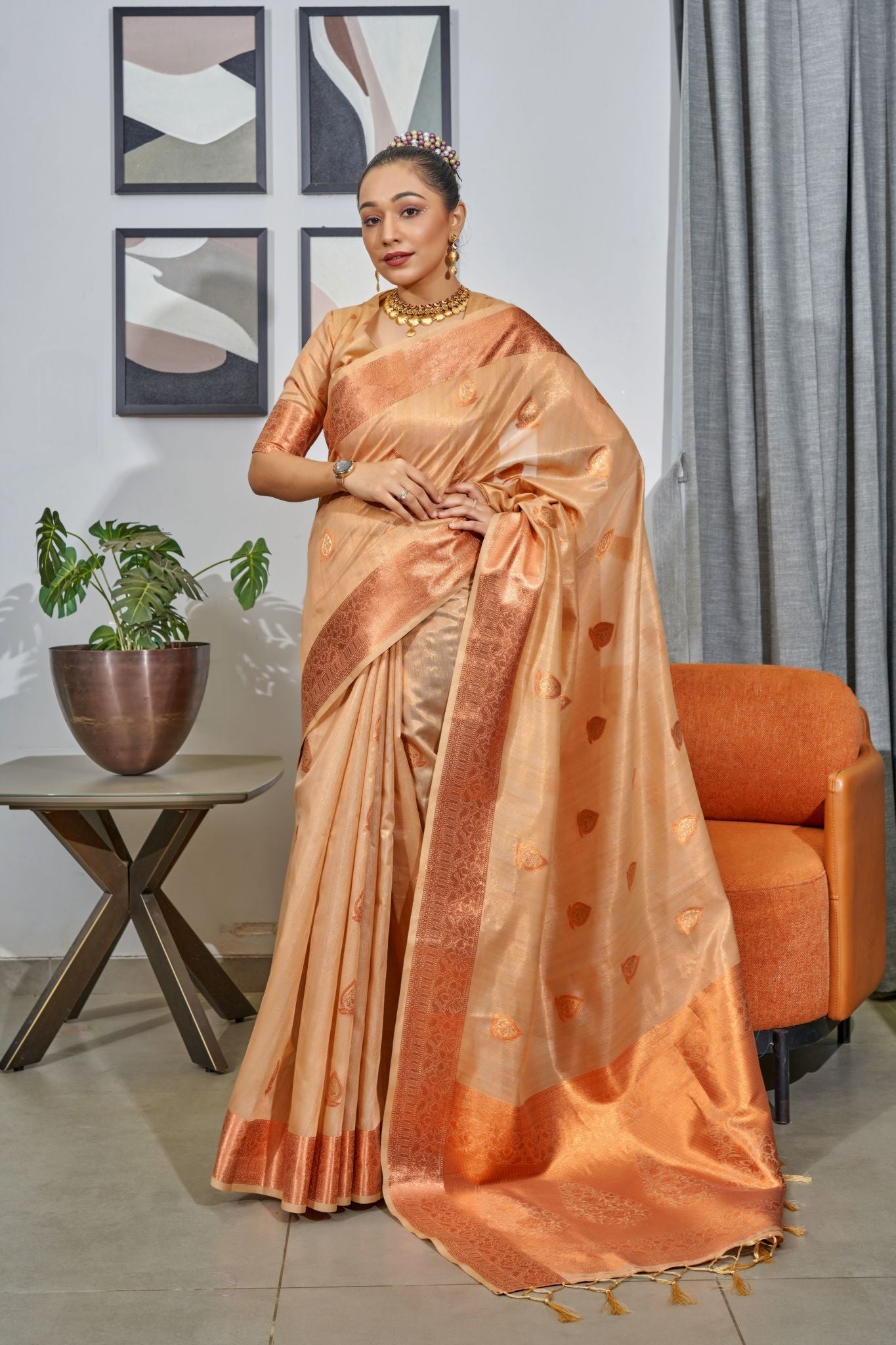 Buy MySilkLove Chocolate Brown Woven Organza Tissue Silk Saree Online