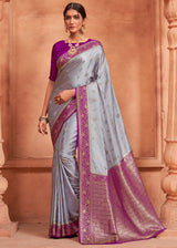 French Grey and Purple Banarasi Satin Silk Saree