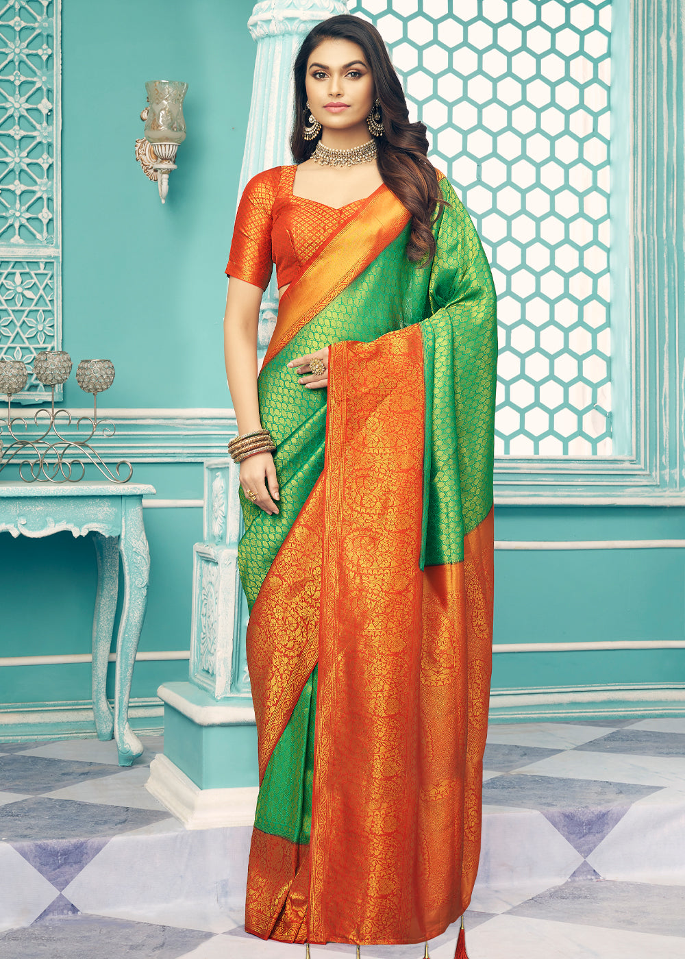 Buy MySilkLove Aqua Forest Green and Red kanjivaram saree Online