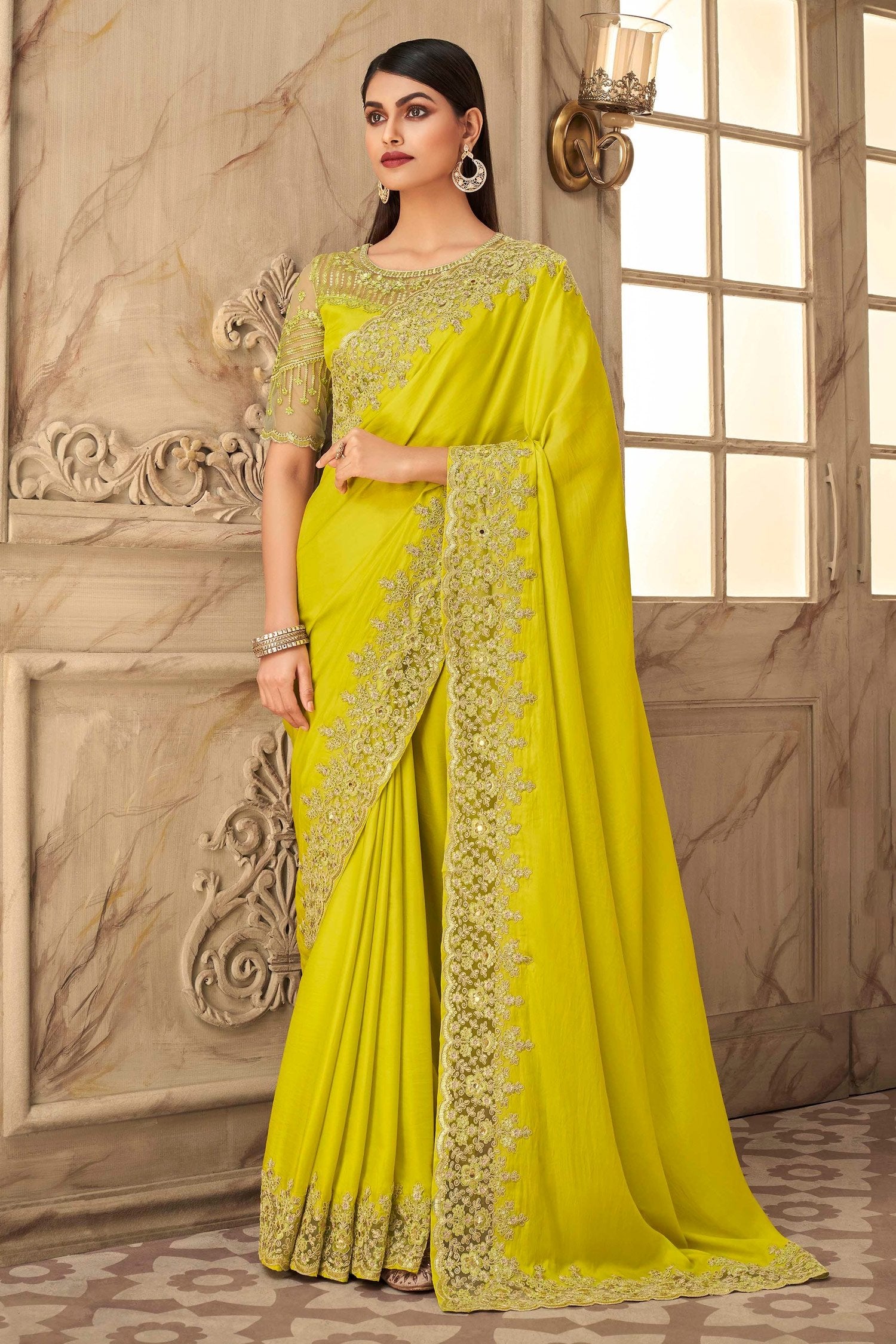 Buy MySilkLove Gold Tips Yellow Designer Silk Saree Online