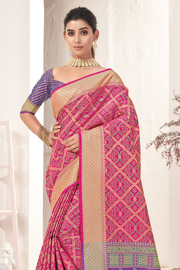 MySilkLove Deep Blush Pink and Purple Zari Woven Patola Saree