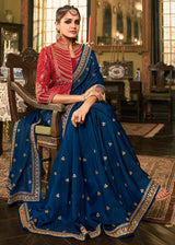 Biscay Blue Designer Embroidered Silk Saree