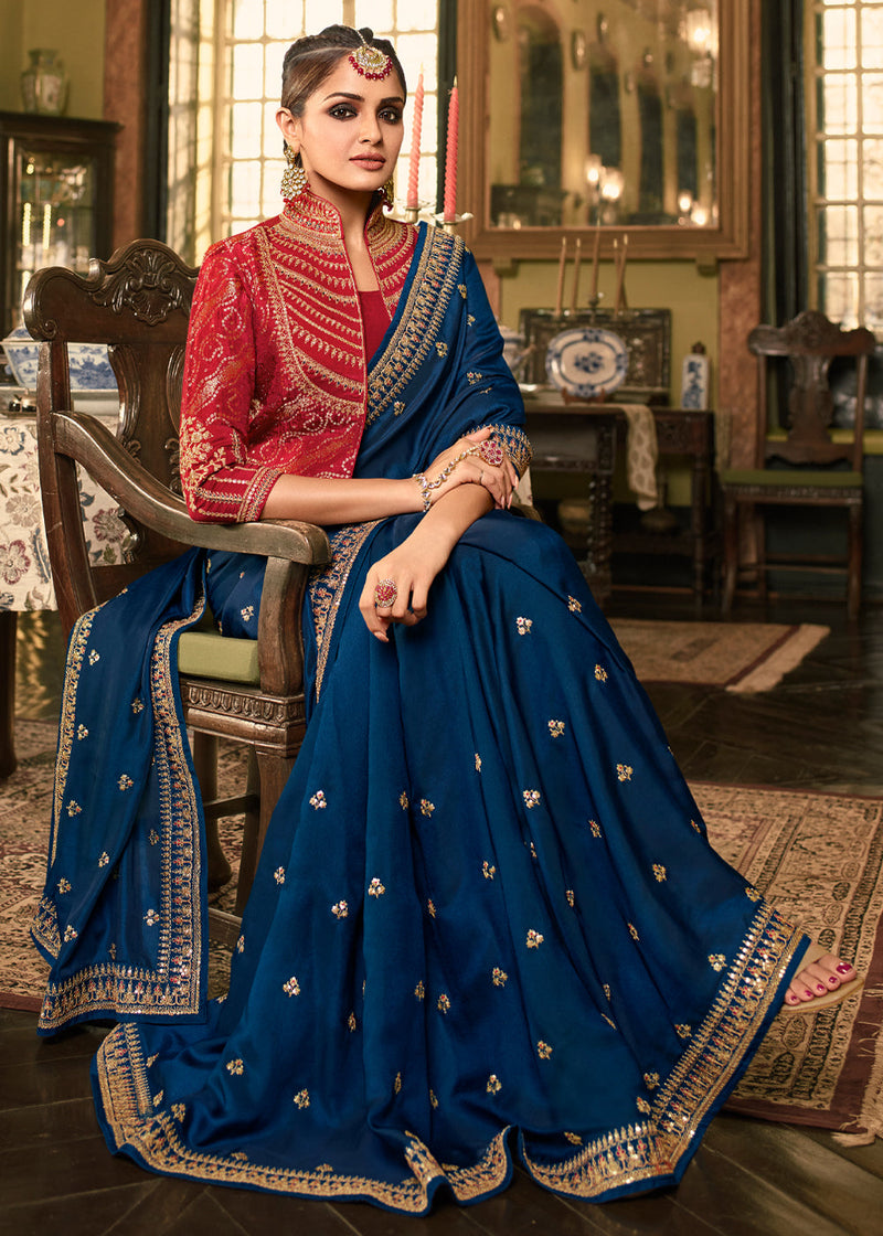 Biscay Blue Designer Embroidered Silk Saree