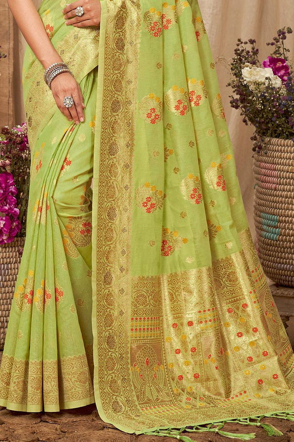 Buy MySilkLove Peridot Green Cotton Saree Online