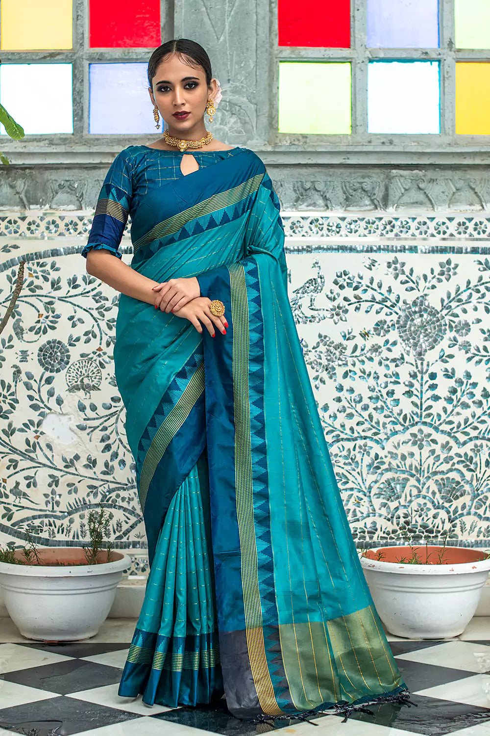 Buy MySilkLove Orient Blue Soft Banarasi Raw Silk Saree Online