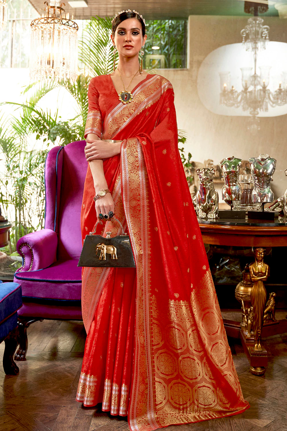 Buy MySilkLove Mahogany Red Woven Kanjivaram Silk Saree Online