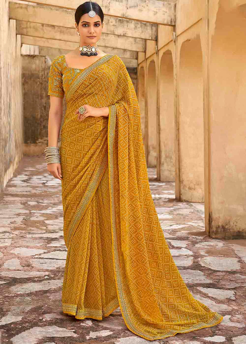 Rajah Yellow Georgette Leheriya Printed Saree with Embroidered Blouse