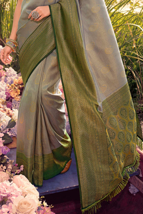 Buy MySilkLove Cloudy Grey and Green Woven Kanjivaram Saree Online