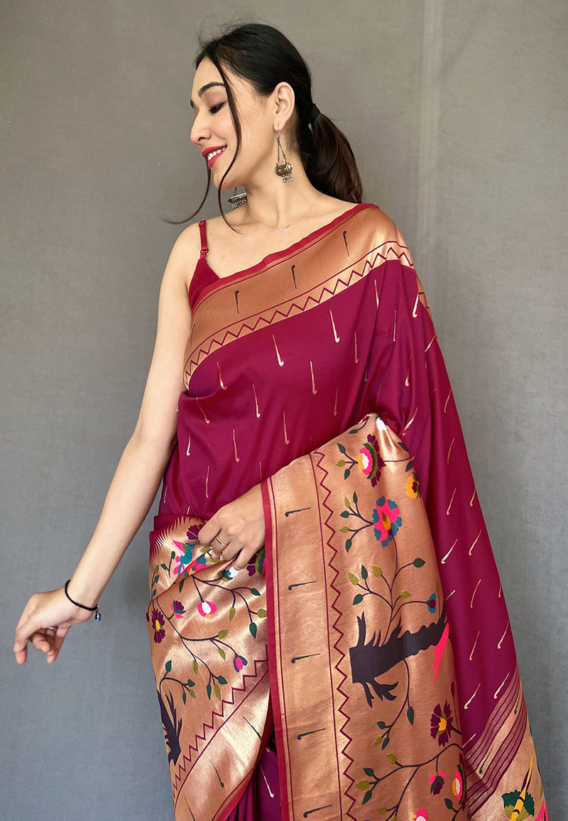 Women's Maroon Paithani Silk Zari Woven Saree With Blouse - Aastha Fas –  Trendia