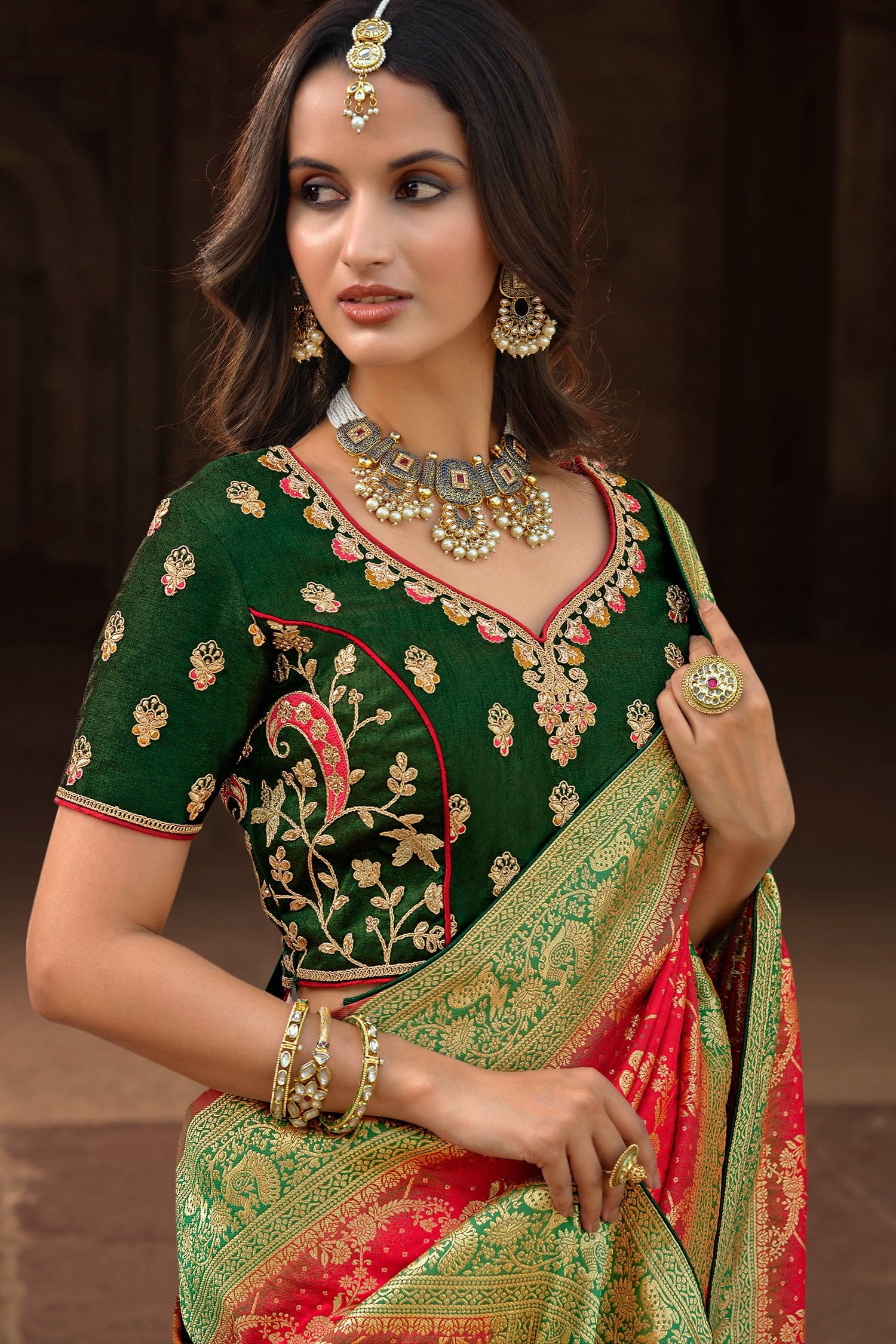 MySilkLove Monza Red and Green Designer Banarasi Woven Silk Saree