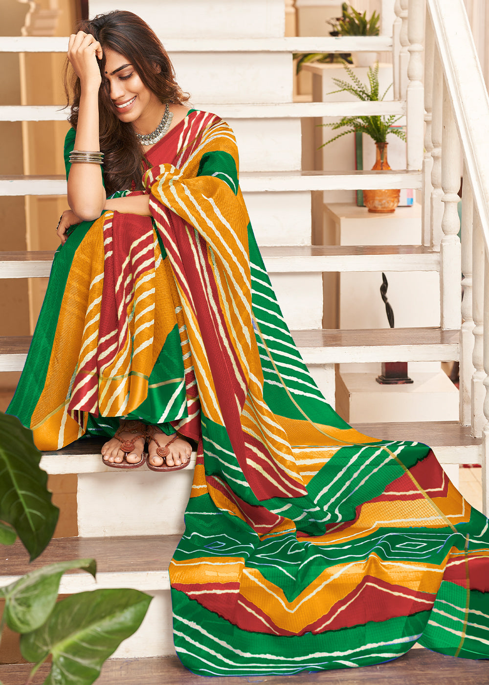 MySilkLove Witch Yellow Green and Red Cotton Saree With Leheriya Print