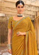 Rajah Yellow Georgette Leheriya Printed Saree with Embroidered Blouse