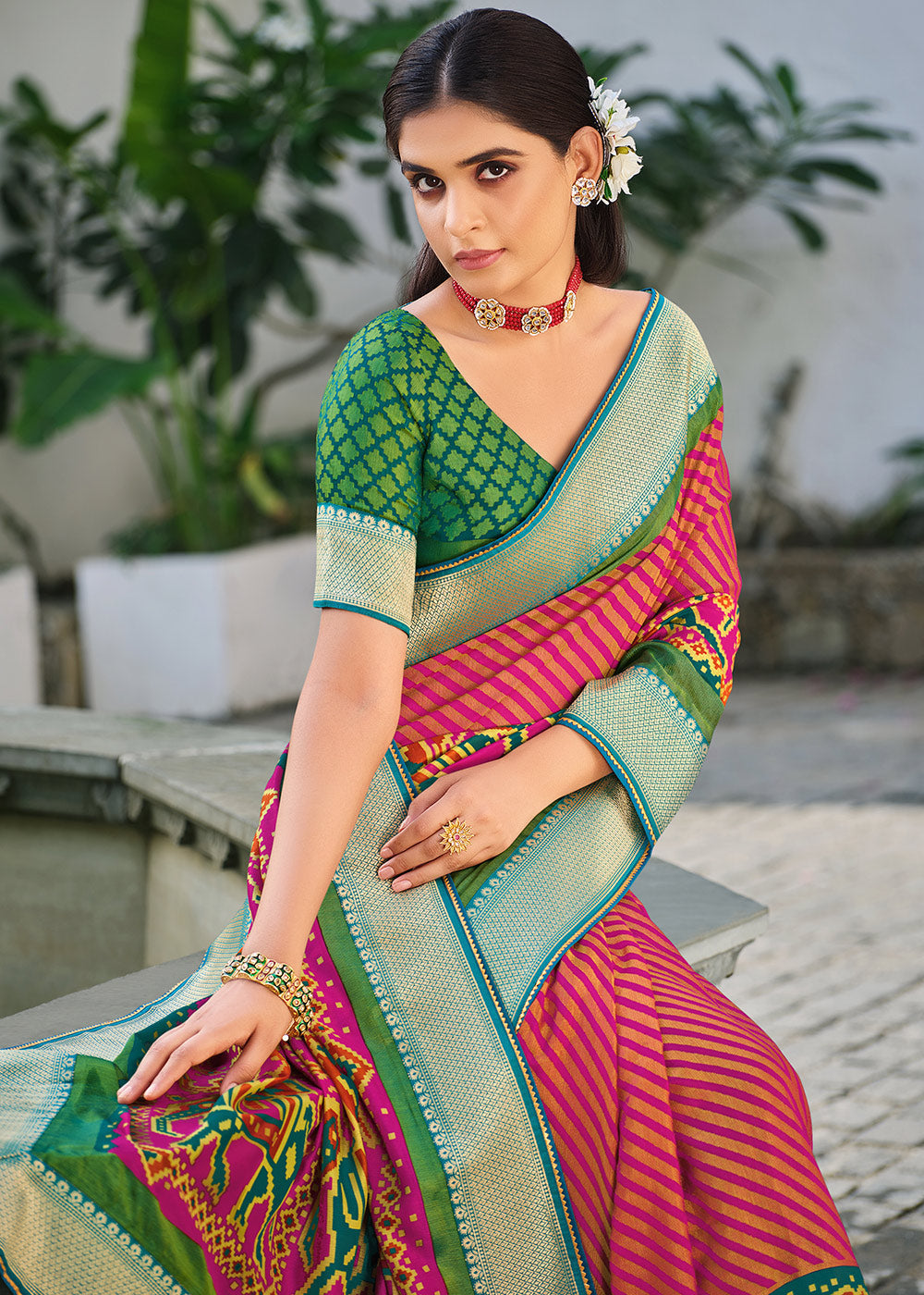 MySilkLove Vivid Pink and Green Brasso Patola Printed Saree