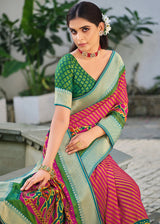 Vivid Pink and Green Brasso Patola Printed Saree