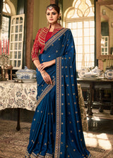 Biscay Blue Designer Embroidered Silk Saree