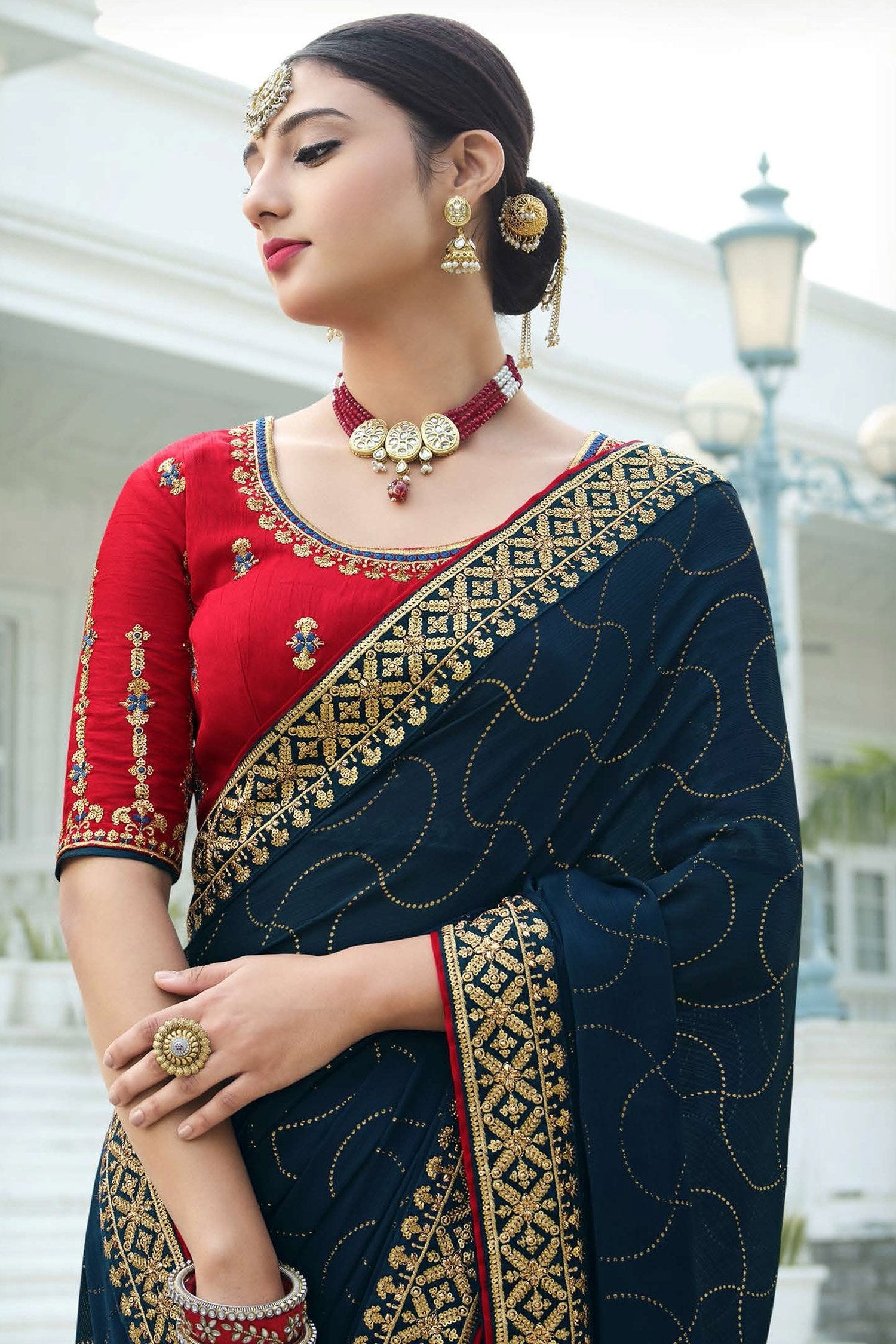 MySilkLove Firefly Blue and Red Chiffon Stone Work Saree