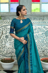Orient Blue Soft Banarasi Raw Silk Saree