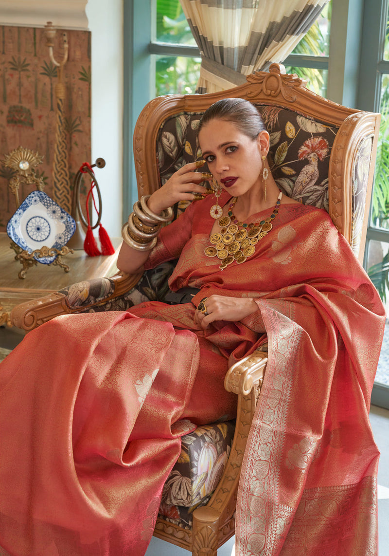 Mona Lisa Peach Woven Banarasi Satin Tissue Silk Saree