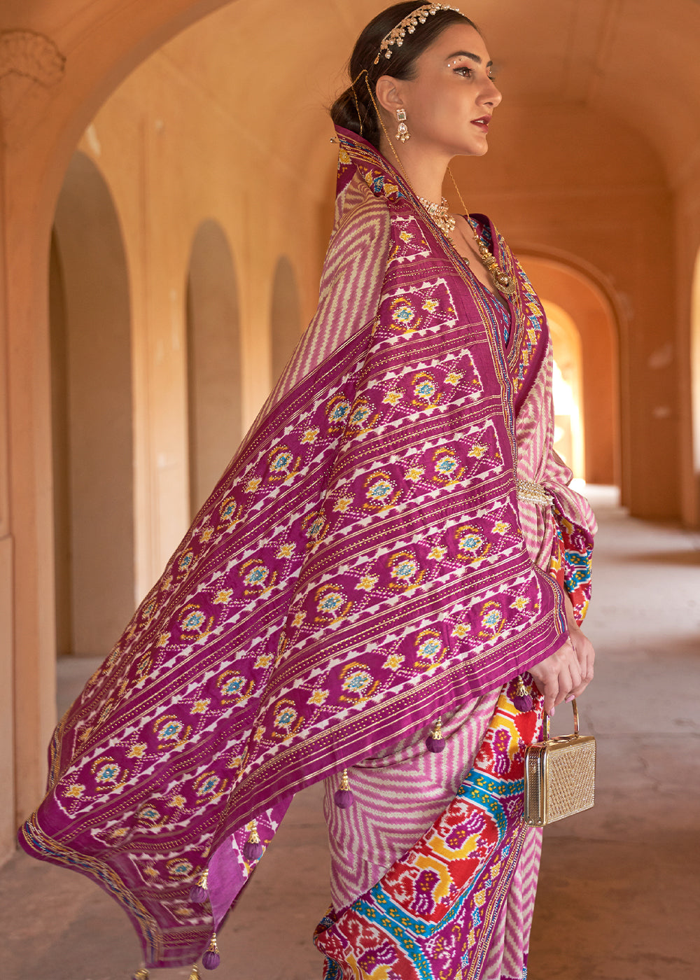 MySilkLove Blush Pink and Purple Printed Patola Silk Saree