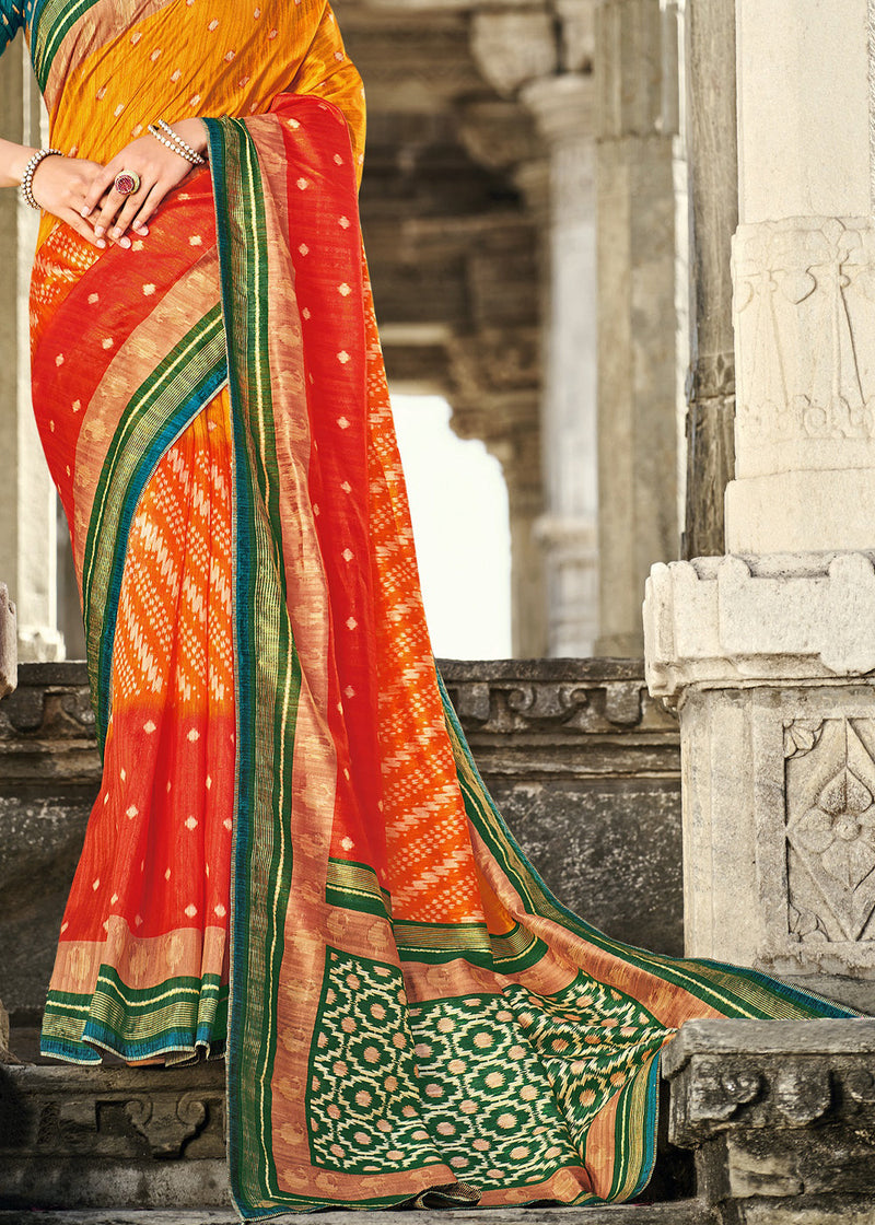 Pumpkin Orange Soft Tissue Silk Saree With Banarasi Border and Green Blouse