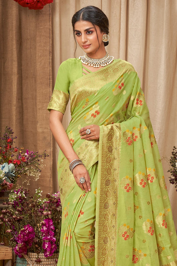 MySilkLove Peridot Green Cotton Saree