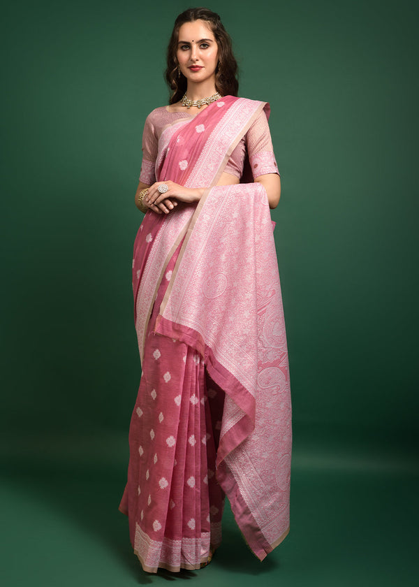 Mauvelous Pink Chikankari Chanderi Cotton Woven Saree