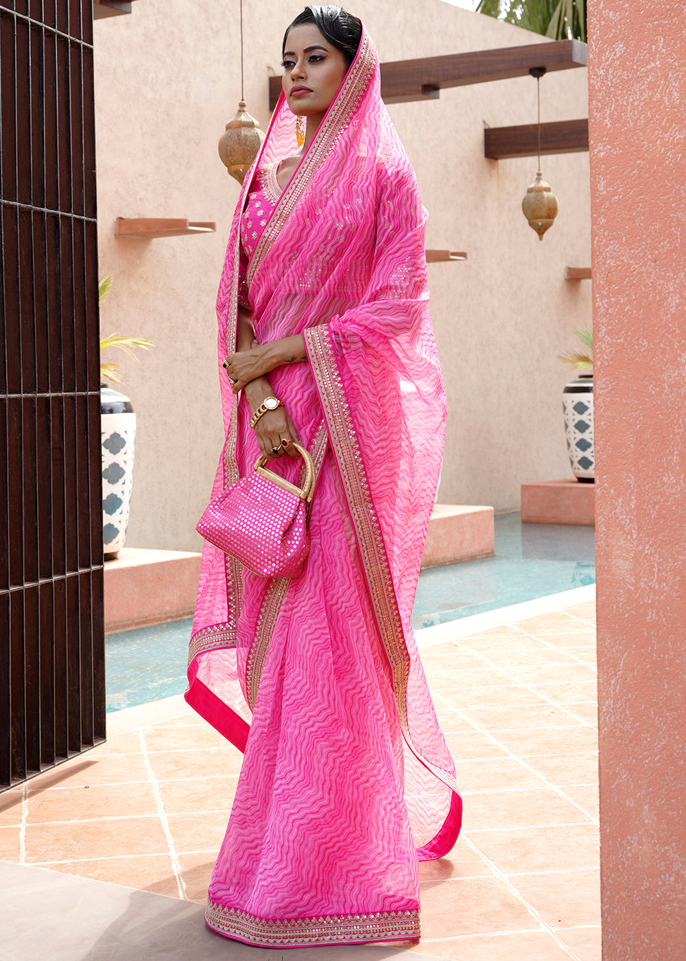 Deep Blush Pink Lehriya Organza Saree With Embroidered Blouse