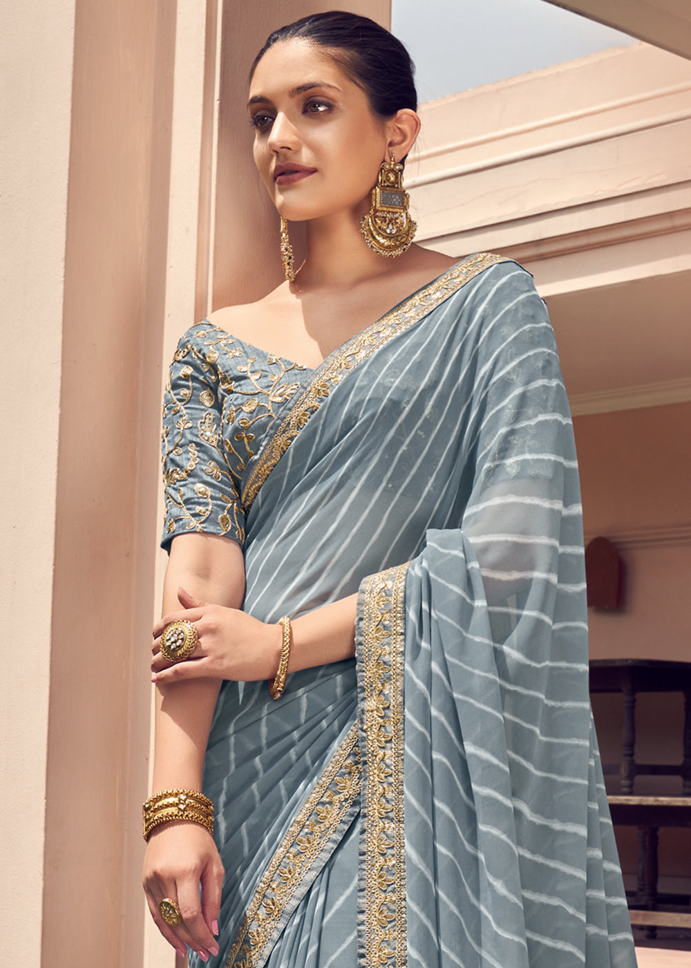 Buy MySilkLove Sirocco Grey Lehriya Print Georgette Saree With Embroidered Blouse Online