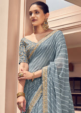 Sirocco Grey Lehriya Print Georgette Saree With Embroidered Blouse