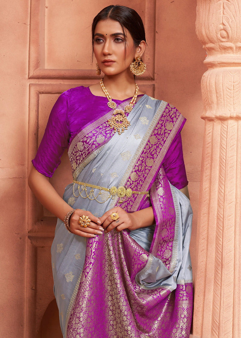 French Grey and Purple Banarasi Satin Silk Saree