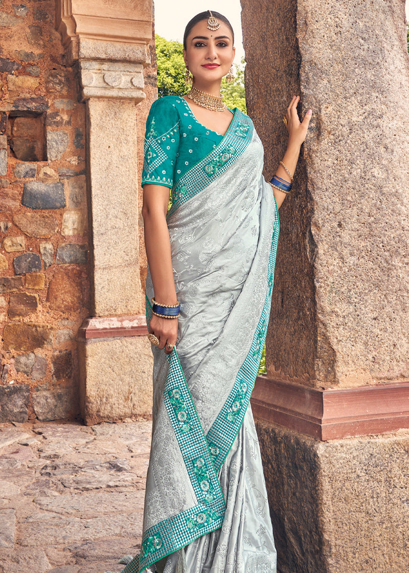 Celeste Silver and Blue Zari Woven Designer Banarasi Saree