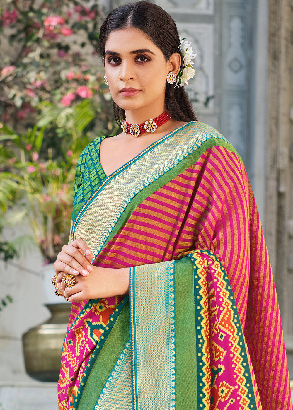 Buy MySilkLove Vivid Pink and Green Brasso Patola Printed Saree Online