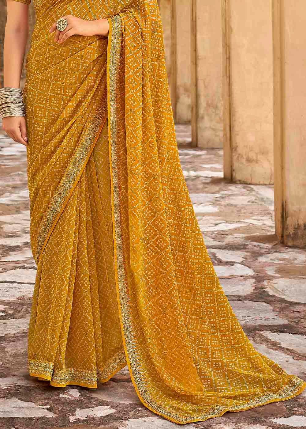 Buy MySilkLove Rajah Yellow Georgette Leheriya Printed Saree with Embroidered Blouse Online