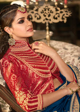 Biscay Blue Designer Embroidered Silk Saree