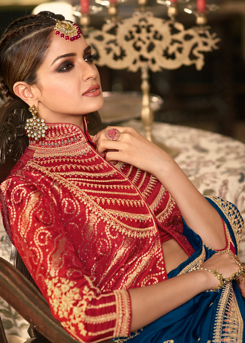 Biscay Blue Designer Embroidered Silk Saree