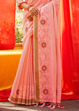 Wax Flower Pink Woven Linen Silk Saree